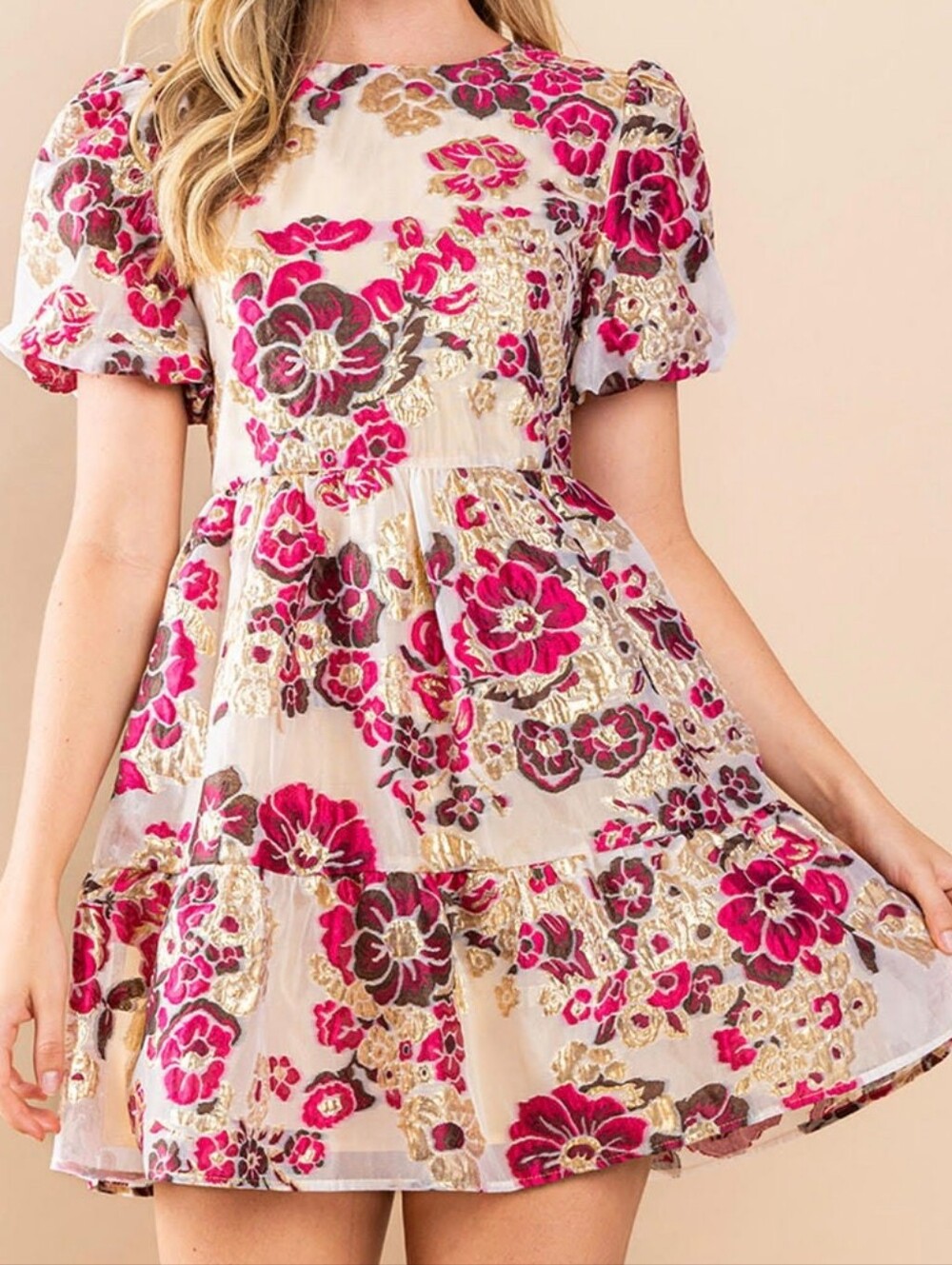 NWT TCEC Cream Dress with Pink Floral and Gold Accents